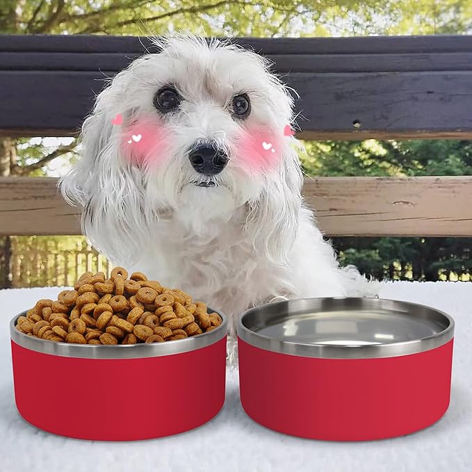 IKITCHEN Dog Bowl for Food and Water, 64 Oz Stainless Steel Pet Feeding Bowl, Durable Non-Skid Double Wall Insulated Heavy Duty with Rubber Bottom for Medium Large Dogs (64 Ounces/8 Cup, Red)