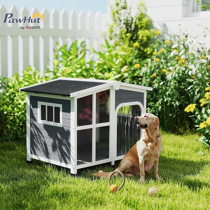 PawHut Cabin-Style Wooden Dog House for Large Dogs Outside with Openable Roof & Giant Window, Big Dog House Outdoor & Indoor, Asphalt Roof, Gray
