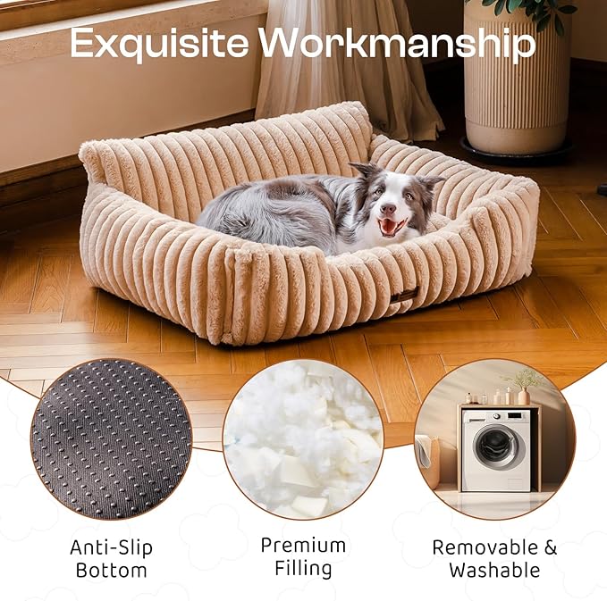 MEWOOFUN Dog Sofa Bed, Fluffy Dog Couch with Removable Washable Cover, Supportive Puppy Bed for Medium Sized up to 45 lbs (Camel, 36x28x12)