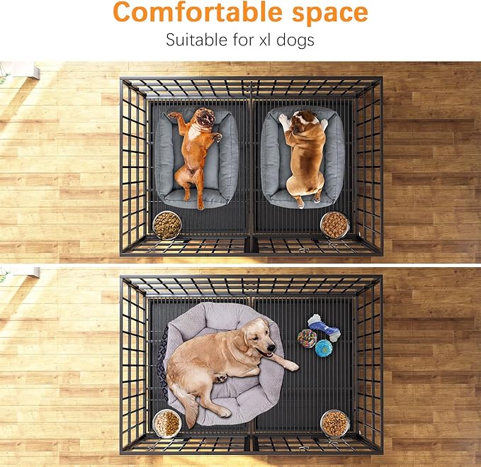 Dosker 42 inch Heavy Duty Metal Dog Crate with Divider for 2 Dogs/Large Dog, All Metal Open Top Escape Proof Cage, Indoor Dog Kennel with Wheels, Floor Grid, Tray, Feeding Bowl