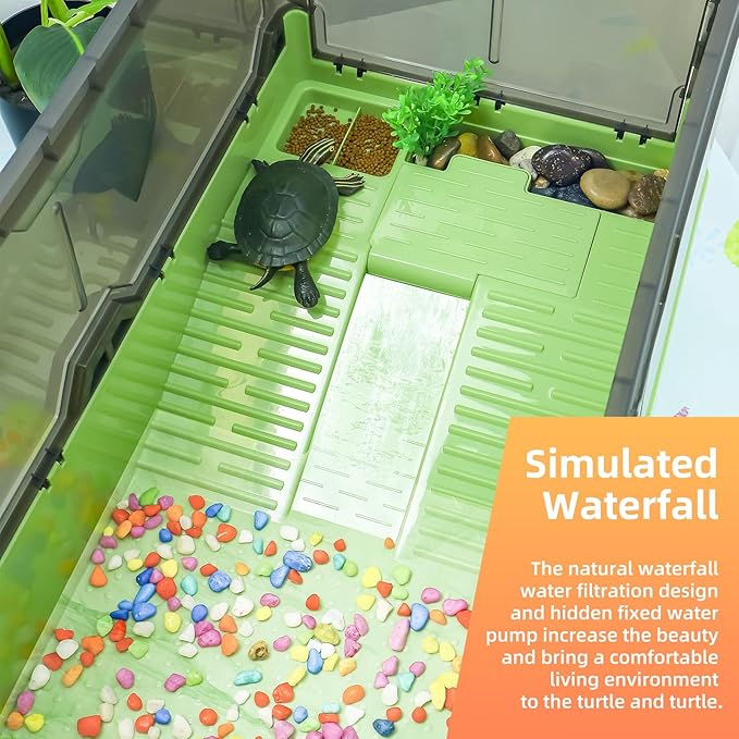 Turtle Habitat Tank Kit– Fresh Filtration, Waterplay Fun, Diverse Living, Heat Lamp, Water Pump and Convenient Water Changes in Tanks Habitat Kits Turtle cage (Green, Large)