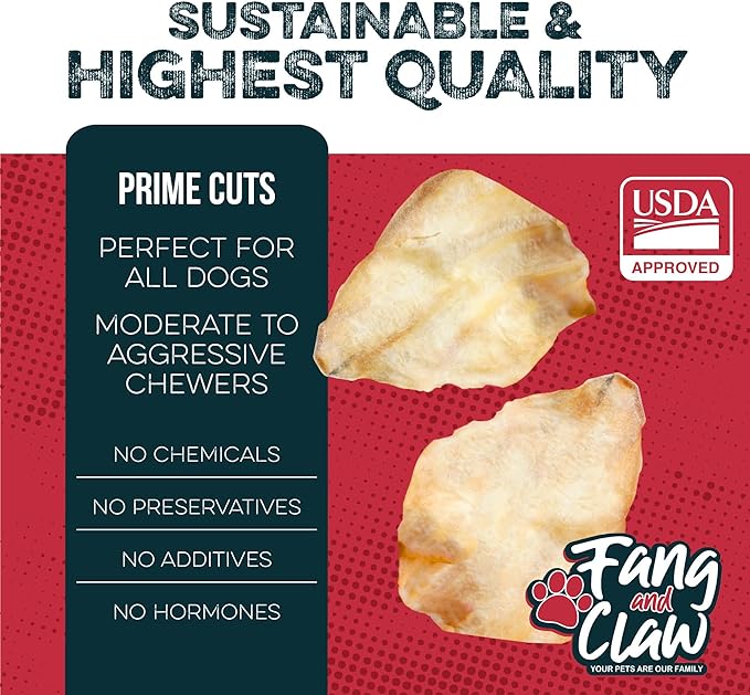 Fang & Claw Water Buffalo Ears for Dogs (100 Pack) - Free Range Grass Fed Low Calorie All Natural Dog Chews - Healthy Dental Chew Bone Alternative - No Rawhide Dog Chews - Long Lasting Natural Treats