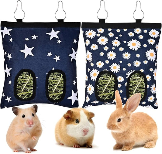 Upgraded Rabbits Hay Feeder Bag for Bunny, Guinea Pigs, Chinchillas - Hanging Washable 2-Hole Hay Dispenser with 600D Oxford Fabric, Small Animal Cage Accessories (Star+Daisy)