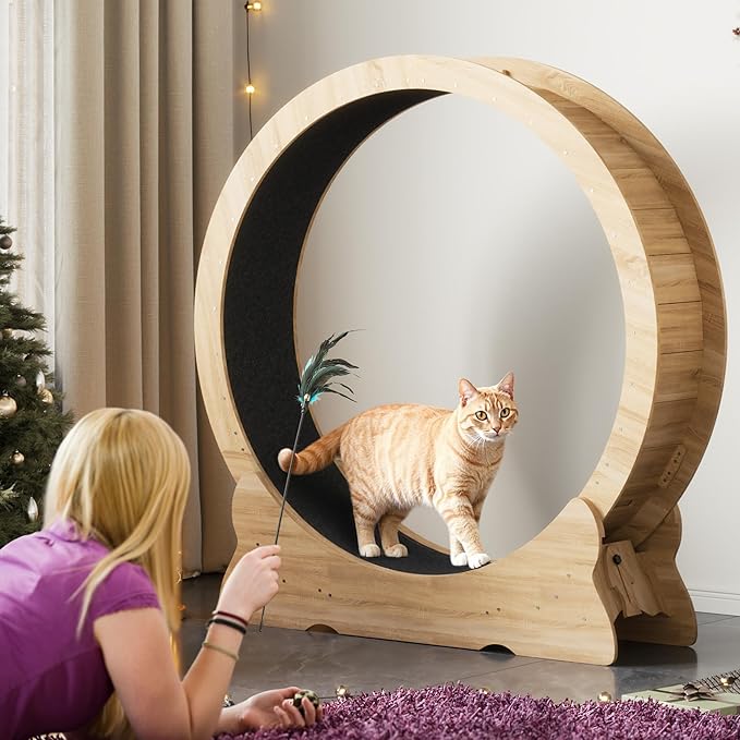 Cat Exercise Wheel, 43.3 inch Cat Wheel for Indoor Cats with Carpeted Runway, XL Treadmill with Removable Carpet and Teaser, for Running Walking Training (Natural Wood)