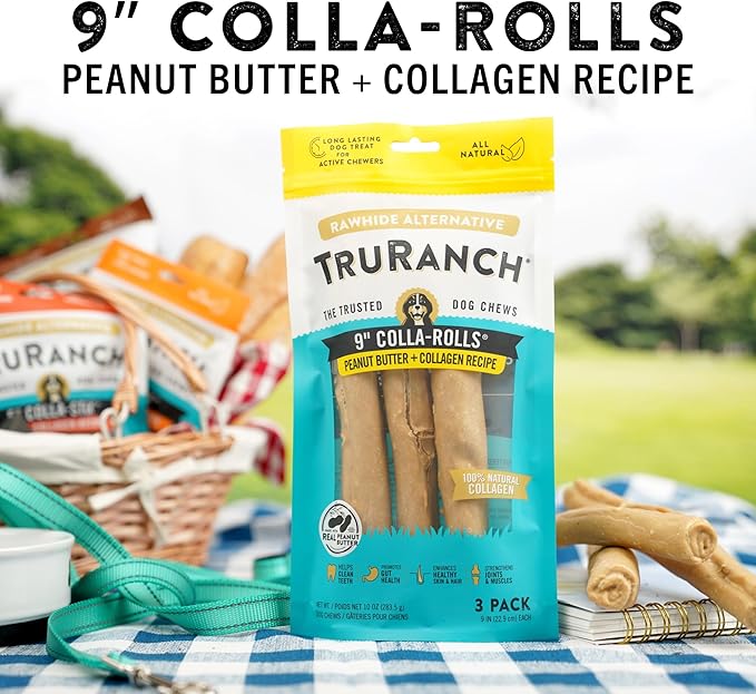 Collagen Rolls - 9" Collagen Rolls for Dogs - Long Lasting Healthy Joint Support - Rawhide Alternative - Skin & Coat Health - Made with Real Peanut Butter, Value Pack, 15 Bags, 45 Count