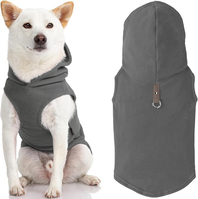 Gooby Fleece Vest Hoodie Dog Sweater - Gray, Small - Warm Pullover Dog Hoodie with O-Ring Leash for Small to Medium Dogs