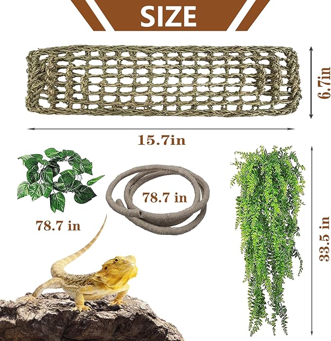 kathson Bearded Dragon Hammock,Large Lizard Lounger,Reptile Tank Hanging Plants Climbing Jungle Vines Flexible Leaves Decorations for Lizards Chameleon Gecko Snakes(3 PCS)