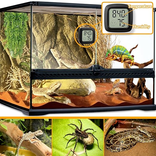 2 PCS Reptile Thermometer and Humidity Gauge for Bearded Dragon with On-Off, Reptile Tank Accessories for Jumping Spider, Leopard Gecko, Hermit Crab, Gecko, Ball Python, Lizard