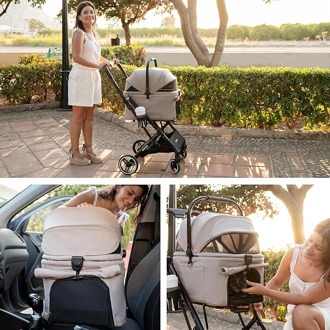 X2 Pet Stroller, Dog Cat Stroller for Small Pets Under 44lbs, Equipped with Detachable & Foldable Carrier, Waterproof Pad & Sunshade Canopy,Camel (Camel)