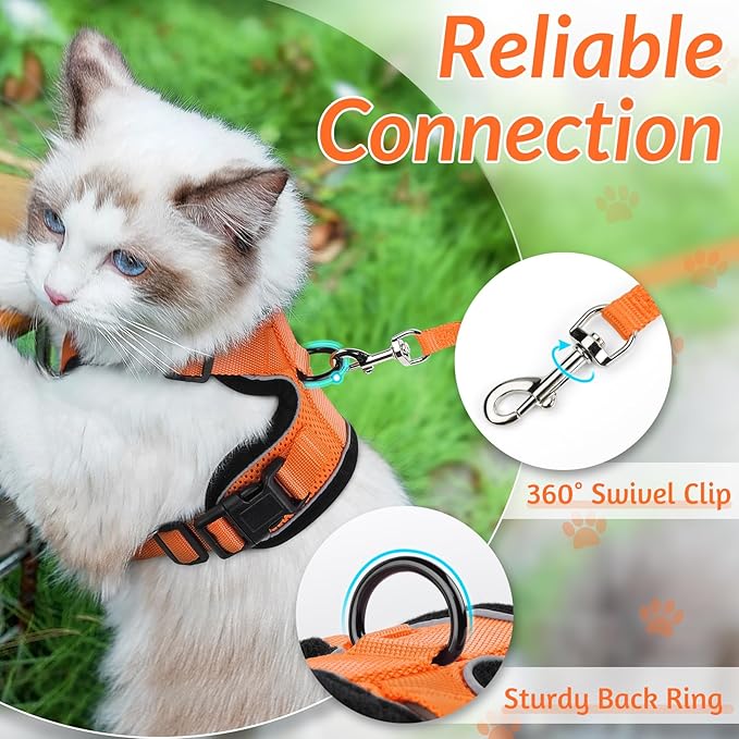 rabbitgoo Cat Harness and Leash for Walking, Escape Proof Soft Adjustable Vest Harnesses for Cats, Easy Control Breathable Reflective Strips Jacket, Orange, M