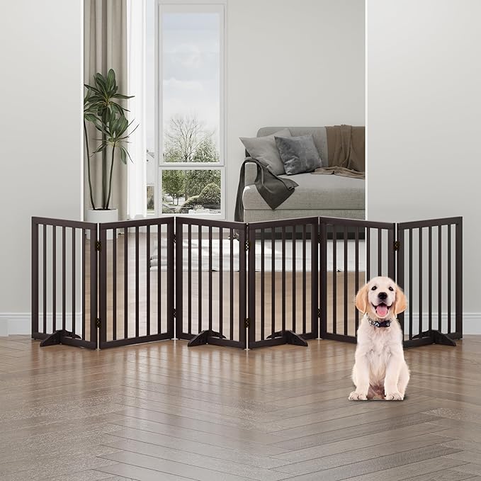 Brown Freestanding Foldable Pet Gate - 6 Panels, Metal Support Feet, Room Divider for Doorways & Bedroom
