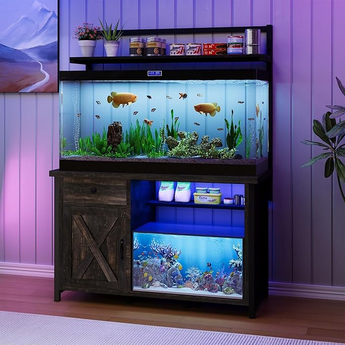 4ever2buy 55-75 Gallon Fish Tank Stand with Power Outlet, Led Light, Heavy Duty Aquarium Stand with Cabinet for Fish Tank Accessories Storage, Shelf, for Turtle Tank, Reptile Terrarium, 1100 LBS, Oak