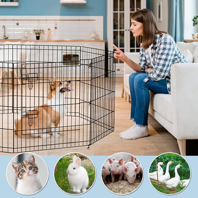 Foldable Metal Wire Dog Pen Pet Playpen Dog Fence Indoor Exercise Pen Enclosure Indoor Outdoor with Bottom Pad and Top Cover (Black 24 top Bottom Cover)