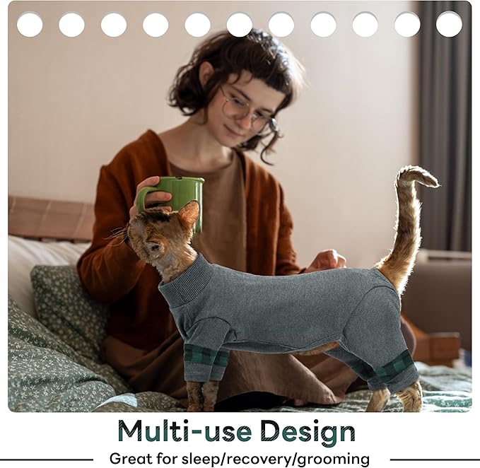 PUMYPOREITY Fur Control Cat Pajamas, Versatile Shirt for All-Day Wear, Soft Stretchy Sweater with Back Snap for Easy Wear, Cat Onsie Prevents Licking Wounds, 2XL, Grey
