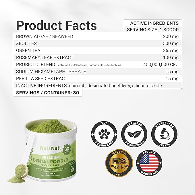 Dog Teeth Cleaning Powder with Probiotics – Dog Dental Care for Plaque & Tartar Remover – Effective Dog's Teeth Care & Oral Hygiene for Fresh Breath – USA Made Dental Powder for Dogs Teeth
