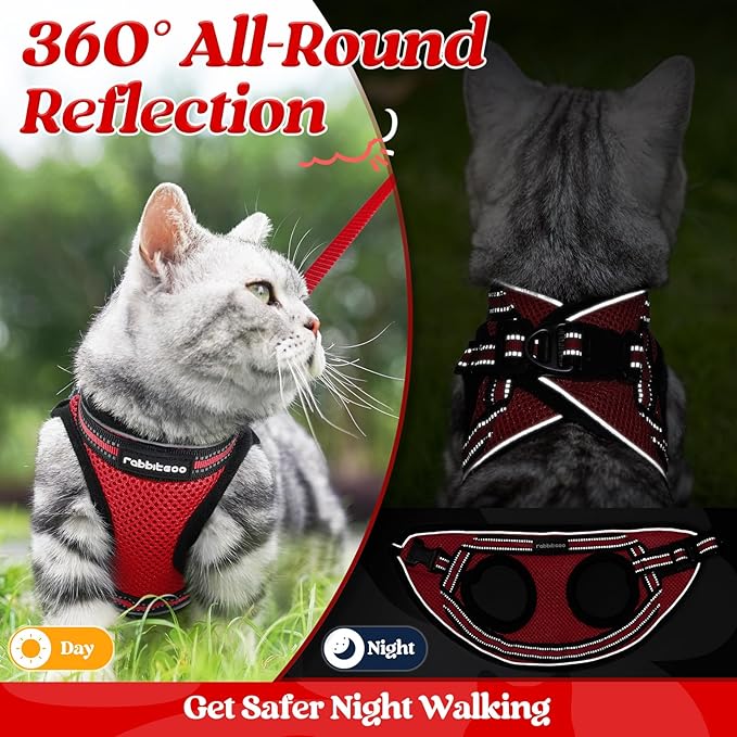 rabbitgoo Cat Harness and Leash Set for Walking Escape Proof, Adjustable Soft Kittens Vest with Reflective Strip for Cats, Comfortable Outdoor Vest, Red, L