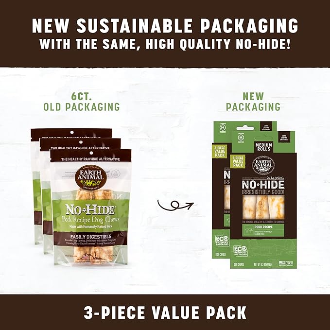 Earth Animal No Hide Medium Pork Flavored Natural Rawhide Free Dog Chews Long Lasting Chew Sticks | Treats for Large Dogs | Great for Aggressive Chewers - 6 Count