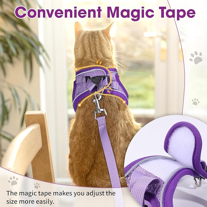 Cat Vest Harness and Leash Set for Walking Escape Proof, Adjustable Kitten Harness Breathable Mesh with Reflective Strips Harness for Kitty Puppy Bunny Purple,M