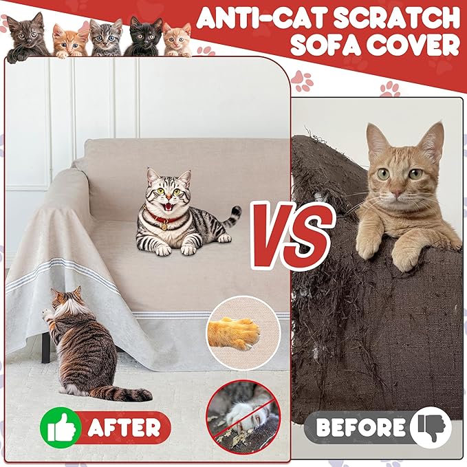 Loiion Cat Scratch Furniture Protector - Anti-Slip, Waterproof Sofa Cover to Keep Cats Off, Pet-Friendly Couch Protectors for 3 Cushion Couch, Anti-Scratch Couch Cover for Pets and Kids 118"X91"Khaki
