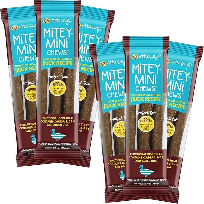 etta says! Mitey Mini Chews Dog Treats - Made in The USA - Grain-Free and Odor-Free - All-Natural Dog Chews - Perfect for Puppies and Senior Dogs - with Omega 3, 6, and 9 - Duck - 6 Pack