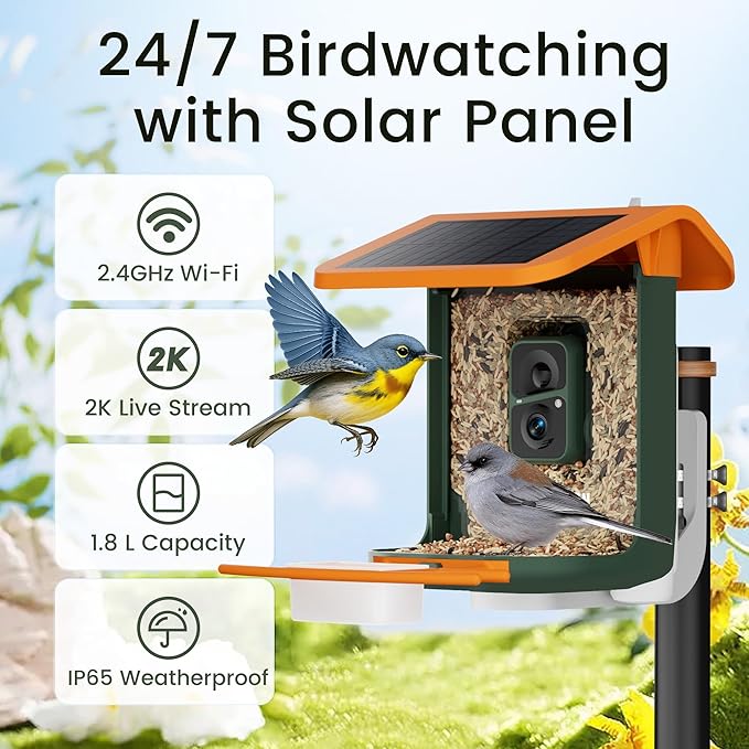 Smart Bird Feeder with Camera, Seamlessly Integrated Solar Panel Birdwatching Camera with SD Card, Lifetime Free AI Identify Bird Species&Auto Video Capture, House Warming Gifts with Greeting Card