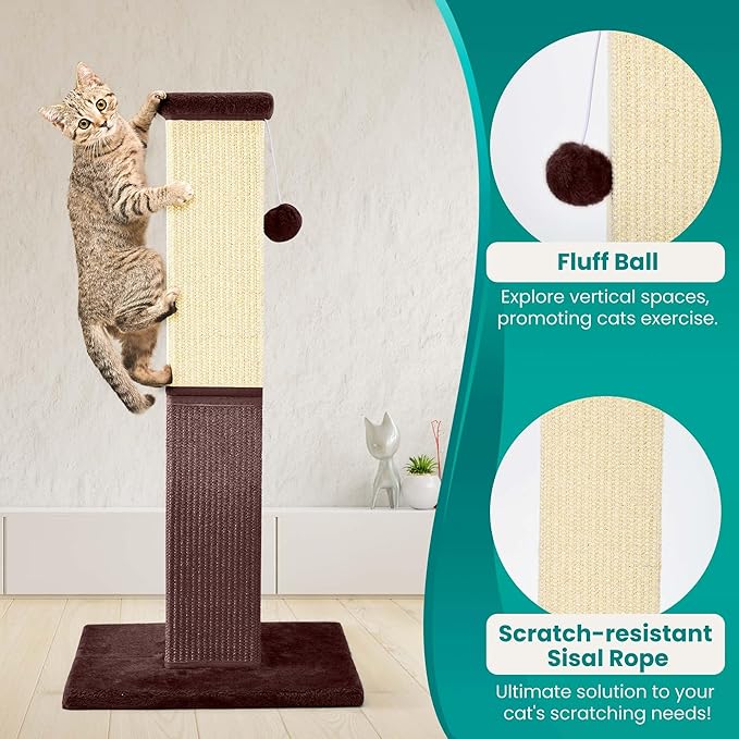 Cat Scratching Post, 32 Inch Cat Scratching Post for Large Cats, Cat Scratcher with Nature Sisal, Cat Scratch Post for Indoor Large Cats and Kitten, Brown