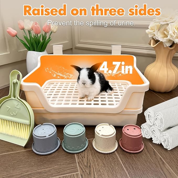 Large Rabbit Litter Box w/Plastic Grid & Dump Tray-Bunny Litter Pan Small Animal Potty Toilet - Pet Bunny Supplies Rabbit Cage Accessories for Training Corner Litter Box (Cream)