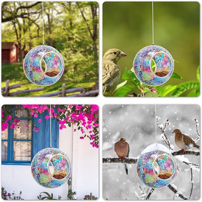 Bird Feeder Mosaic Fly Through Bird Feeder for Outside Hanging with Round Shape Glass Feeders to Attract Wild Birds for Garden, Deck, Yard, Backyard and Porch Decor, 7-Inch