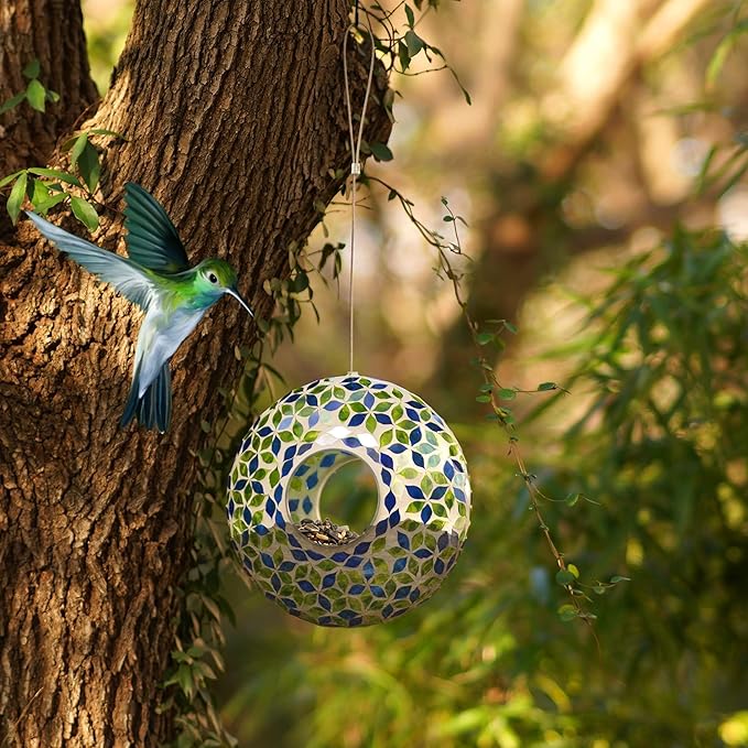 Mosaic Bird Feeder - Outdoor Fly Through Wild Hanging Bird Feeders with Mosaic Glass Design for Garden, Yard, Backyard, Deck and Porch Decor, 9 Inch