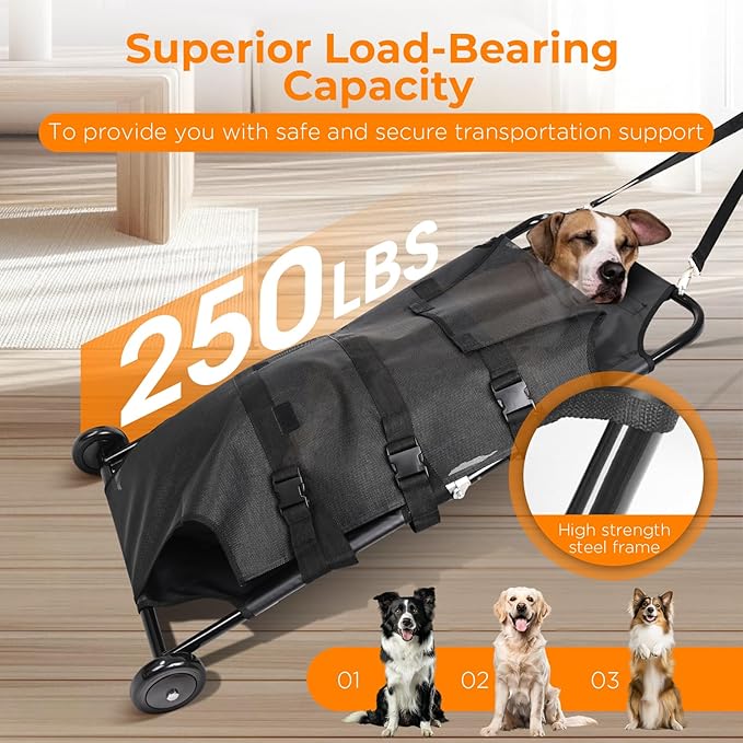 Portable Foldable Dog Stretcher for Large Dogs, 250lbs Capacity with Silent Wheels and Waterproof PVC Mesh, 48"x26" Pet Transport Stretcher for Indoor & Outdoor Use, MDK-A1