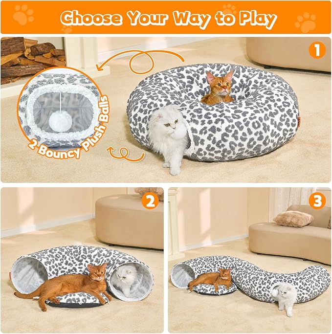 Cat Tunnel Bed 35.5 Inch XL Cat Donut Tunnels for Indoor Cats Cute Tubes Round Pet Play Tunnel Toy for Kitten Puppy Rabbit with Washable Circle Cushion Leopard Grey