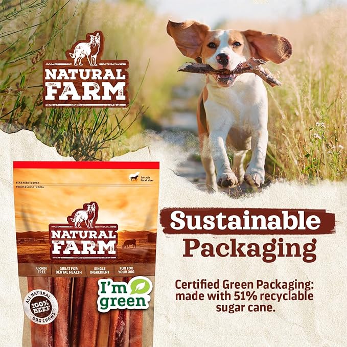Natural Farm Collagen Chews. 6 Inch, 10 Pack. Odor-Free Long Lasting Bully Sticks & Rawhide Alternative Dog Treats, 95% Collagen Low Fat, High Protein Best Dental Dog Treats โ Medium & Large Dogs