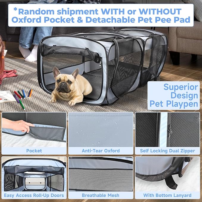 2-in-1 Dog Playpen, 58''Pop Up Cat Puppy Pet Playpen Indoor/Outdoor Cats Enclosed, Cat Dog Tent Crate Cage Kennel, Portable Playpen for Kitten, Small Animals Play Pen(No Divider, Unified Space)