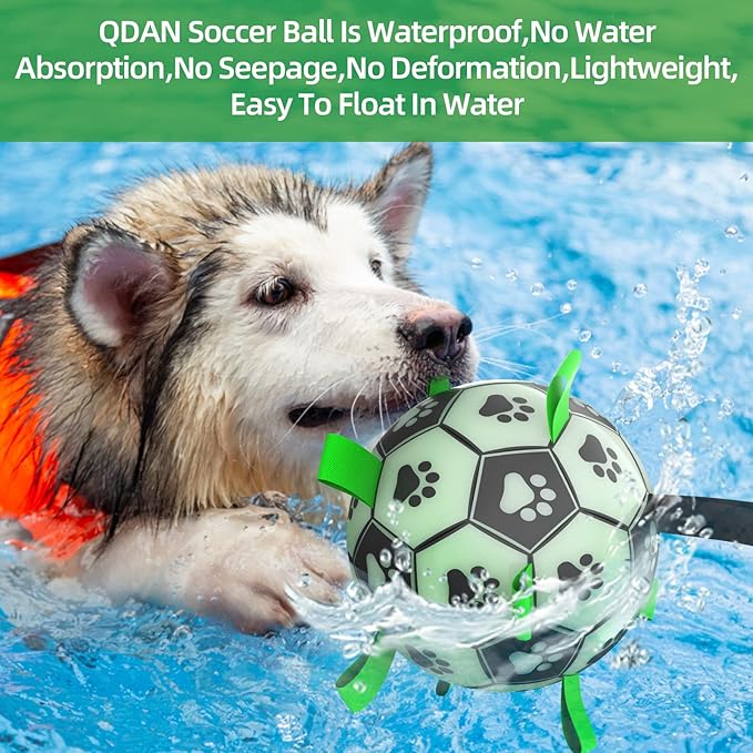 QDAN Glow in The Dark Dog Toys Soccer Ball with Straps, Outdoor Interactive Dog Toys Puppy Birthday Gifts, Dog Tug Water Toy, Light Up Dog Balls for Small & Medium Dogs๏ผ6 Inch Size 2๏ผ