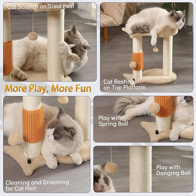 5-in-1 Cat Tree Tower Multifunction Cat Scratching Post Featuring with Fish-Shaped Rest Platform Cat Self Groomer Danging Ball Spring Ball, Ideal for Indoor Cats or Kittens - Cream