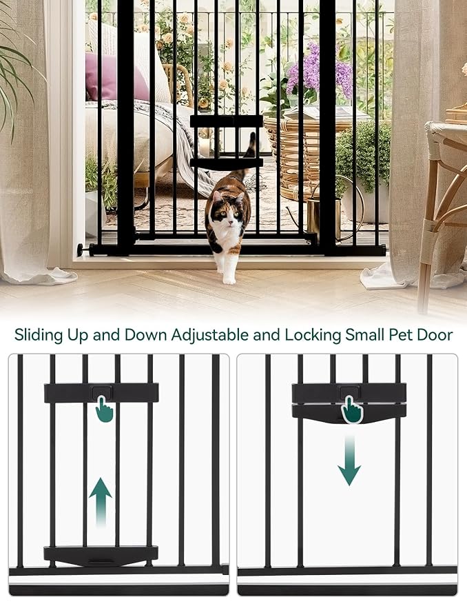 BABELIO 36 Inch Extra Tall Baby Gate with Cat Door,29.5-40" Metal Pet Door for Stairs,Doorways,House,Auto Close,Easy Walk Thru,Black