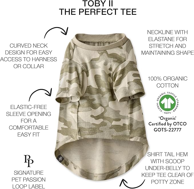 Toby II - The Perfect Tee, 3 Pack Short Sleeve Pet T-Shirt 100% Organic Cotton Tees Clothes for Small, Medium, Large Dogs, Sage Camo, XX-Small