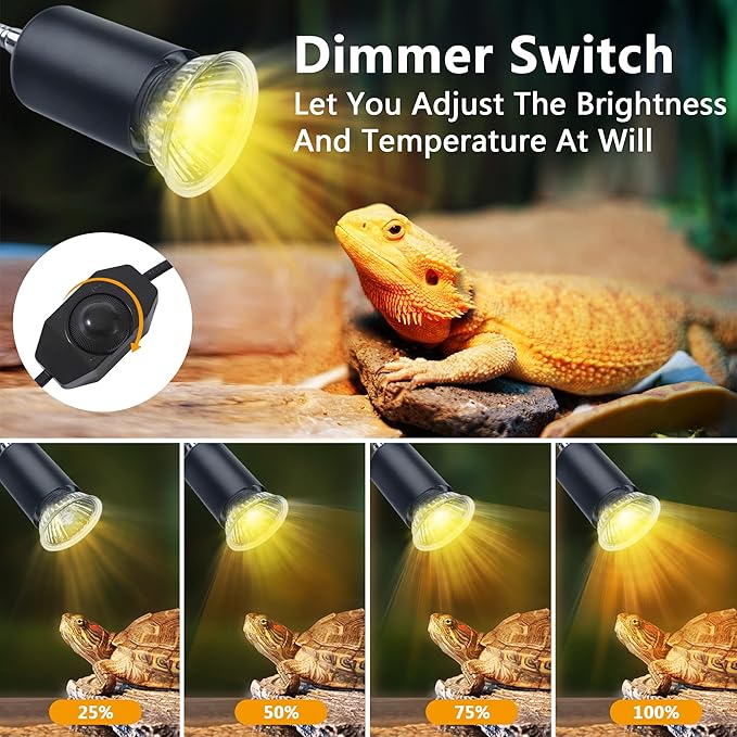 Reptile Heat Lamp with Dual Head, UVA UVB Light for Aquarium Turtle Tank, with 2 * 50w Basking Bulb and 360° Swivel Clamp Stand for Tortoise, Snake, Frog, Lizard. Halogen, Yellow Light