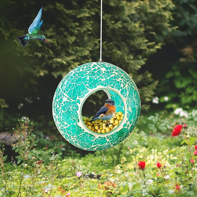 Bird Feeder Mosaic Fly Through Bird Feeder for Outside Hanging with Round Shape Glass Feeders to Attract Wild Birds for Garden, Deck, Yard, Backyard and Porch Decor, 6.8-Inch