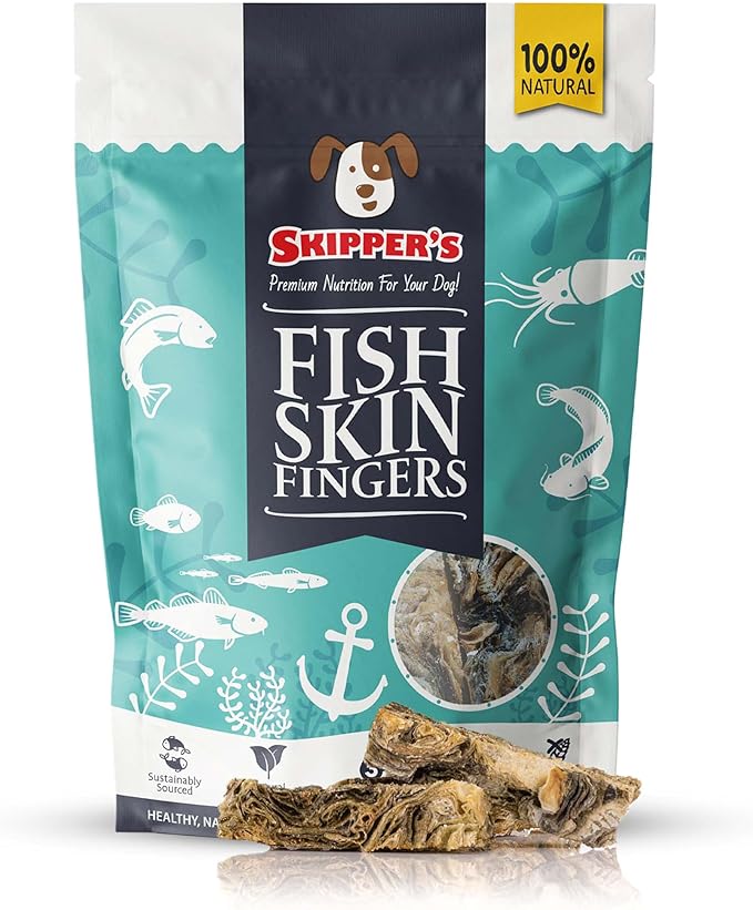 SKIPPER'S Cod Fish Skin Finger Dog Treats - All Natural & Healthy Fish Skin Sticks, Air Dried Long Lasting Chews for Dogs, Good for Teeth and Digestion, Rich in Omega 3, Hypoallergenic | 8.82 Oz