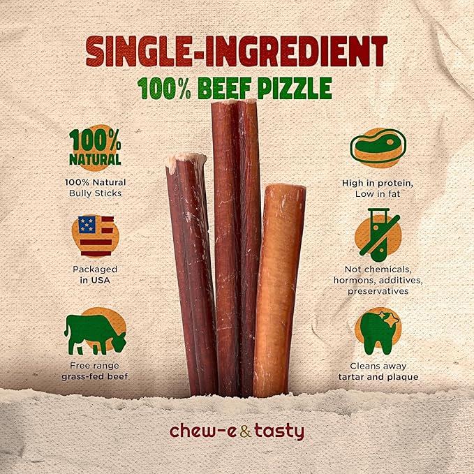 chew-e&tasty 12" Monster Odor Free Bully Sticks (Pack of 5) - Long Lasting Beef Chews - 100% Beef Single Ingredient Made of Digestible High Protein & Low Fat Dental Treats for Large - Very Large Dogs