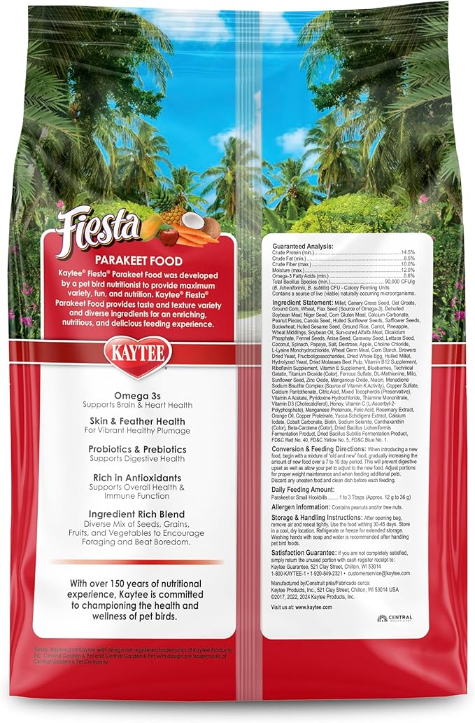Kaytee Fiesta Parakeet Food, Nutritious and Fun Blend, Supports Skin, Feather, Digestion, Brain and Heart Health, 2 pounds