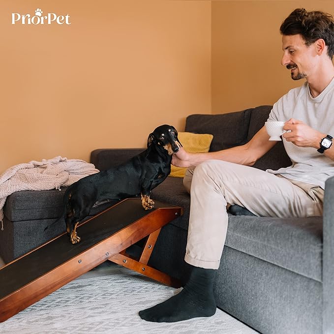Dog ramp for Couch – Non-Slip, Sturdy Build Foldable Dog ramp – Supports up to 200lbs – Adjustable 7'' to 20'' – Landing Platform Seamlessly Connects – Birchwood Pet Ramp for Small Dogs – Walnut