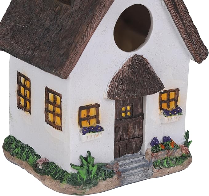 White Resin Cottage Bird House Brown Roof, 1.5" Entry Hole for Small Birds Wrens Sparrows, Rustic Cottage Style Nesting Box, Weatherproof Backyard Garden Decoration