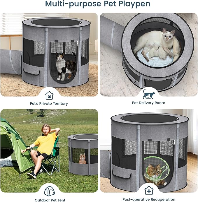 Portable Cat Playpen with Tunnel, 3 in 1 Foldable Puppy Play Pen, Waterproof Bottom, Enclosed 2-Room Separable Pet Tent for Indoor/Outdoor, Multi-Purpose Enclosure Crate Cage for Kitten Dog Rabbit