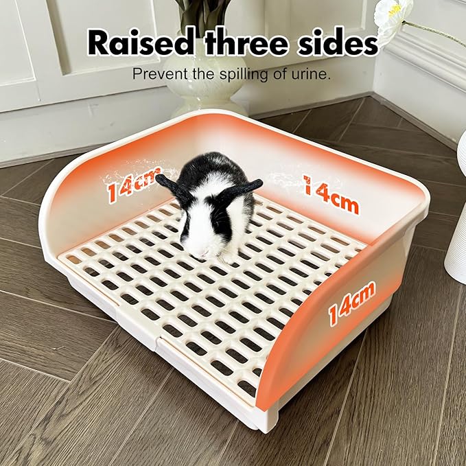 Rabbit Litter Box for Cage with Grate, Large Rabbit Litter Pan for Bunny, Ferret, Guinea Pig, Chinchilla, Easy Clean Small Animal Potty Tray for Toilet Training (Cream)