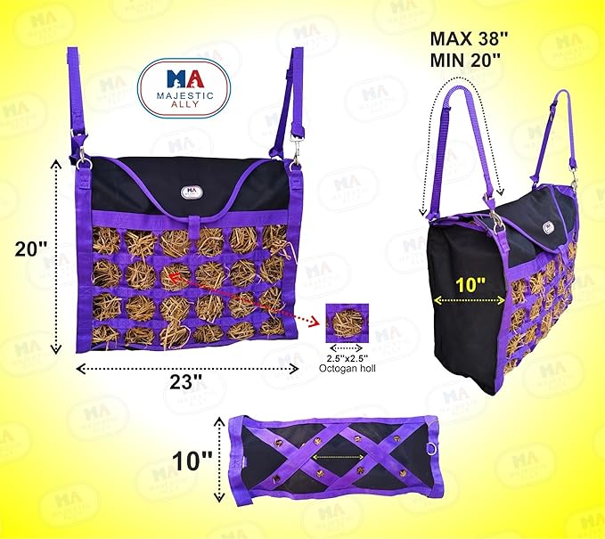 Majestic Ally Animal Health Hay Bag for Horses, 2.5" Holes, Top Load, Travel Feeder, Reduces Waste, 1 Year Warranty, Multiple Colors (Black-Black)