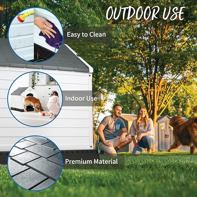 PUKAMI Durable Plastic Dog House with Elevated Floor and Air Vents for Outdoor Indoor Small Medium Large Dogs,Waterproof Ventilate & Easy Clean and Assemble(Grey, 42inch)