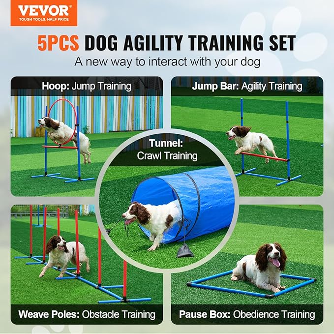 VEVOR Dog Agility Training Equipment, Dog Agility Course Backyard Set with Adjustable High Hurdles,6 Weave Poles,Tunnel,Jump Ring,Pause Box,Whistle,Foldable Bowl,Storage Bag, Puppy Obstacle Course Kit
