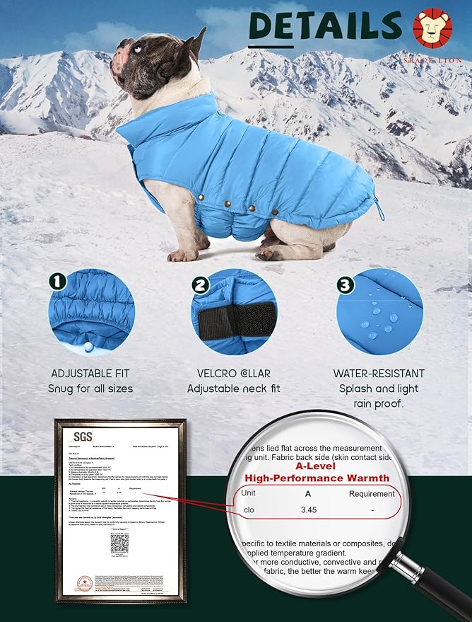 SPACE LION Puffer Jacket, Down Winter Coat, Durable Outdoor Coat for Cold and Windy Conditions, Waterproof, Windproof, Lightweight Jacket, Adjustable Fit for Medium, Large Dogs(Blue,XL)